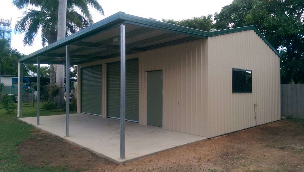 Double Roller Door Shed With Awning and Access Door - Bryland Sheds Townsville