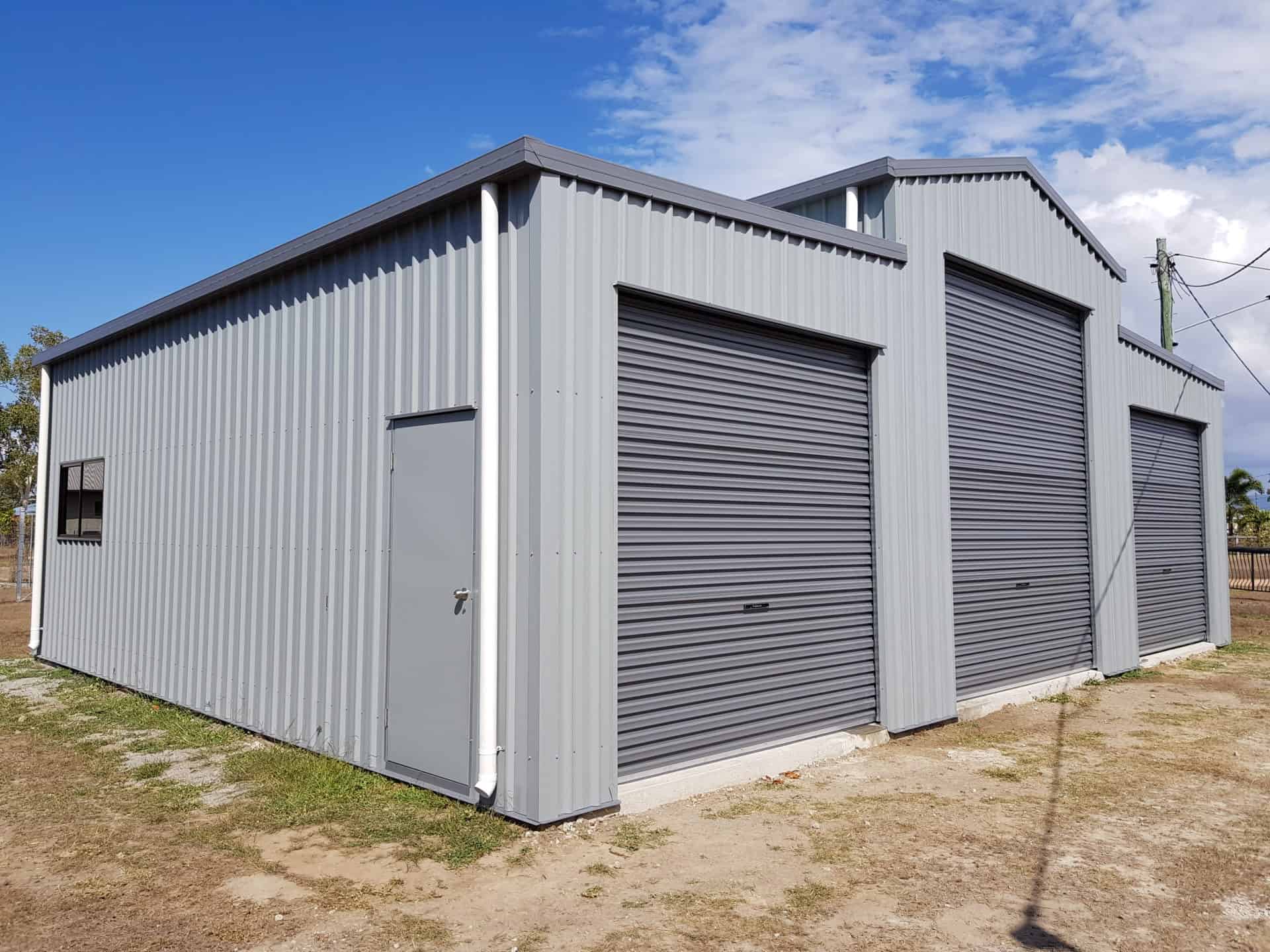 large triple door shed with gable and skillion roof design